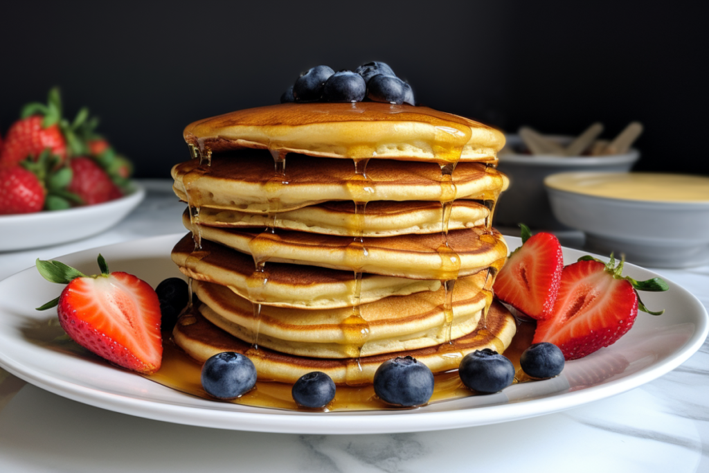 Stack of fluffy hotcakes topped with butter and syrup, served with fresh berries on a white plate.