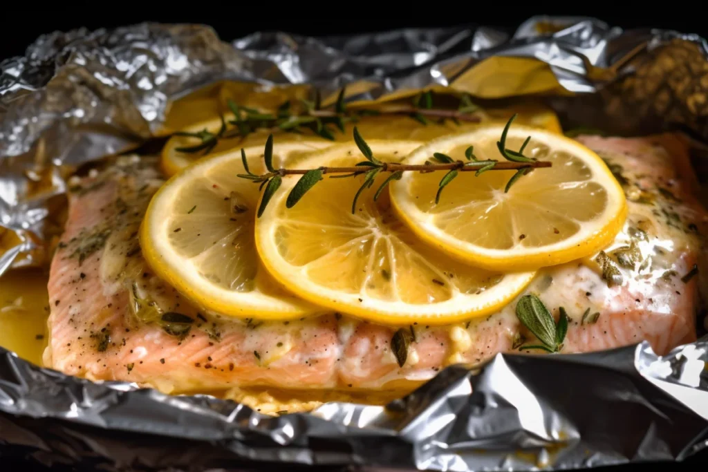 Baked trout fillet in foil with lemon slices and rosemary, steaming hot.