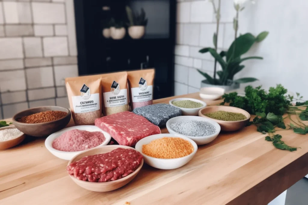 Fresh ground bison meat with organic seasonings and vegetables at a butcher shop counter.