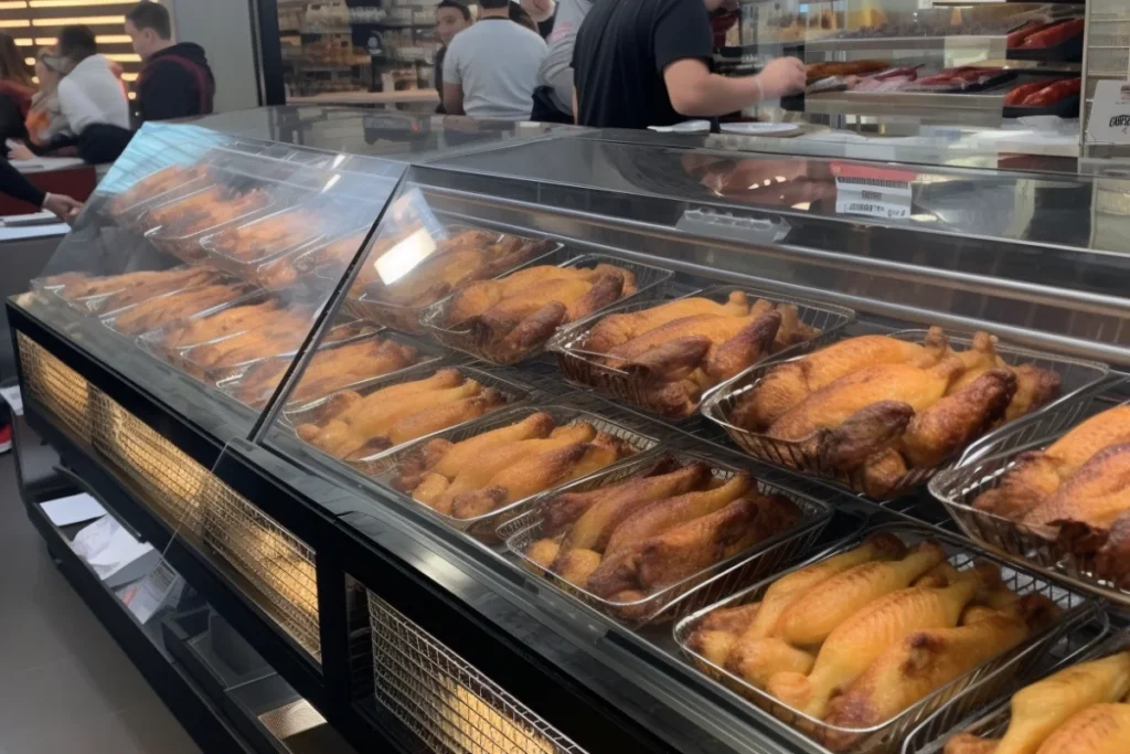 Costco rotisserie chickens on display in the deli section.