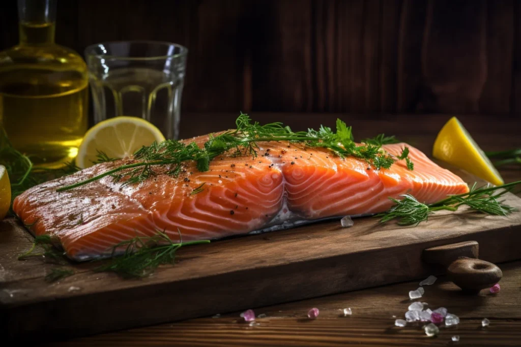 A close-up view of a raw steelhead trout fillet garnished with fresh dill and lemon slices on a wooden board.