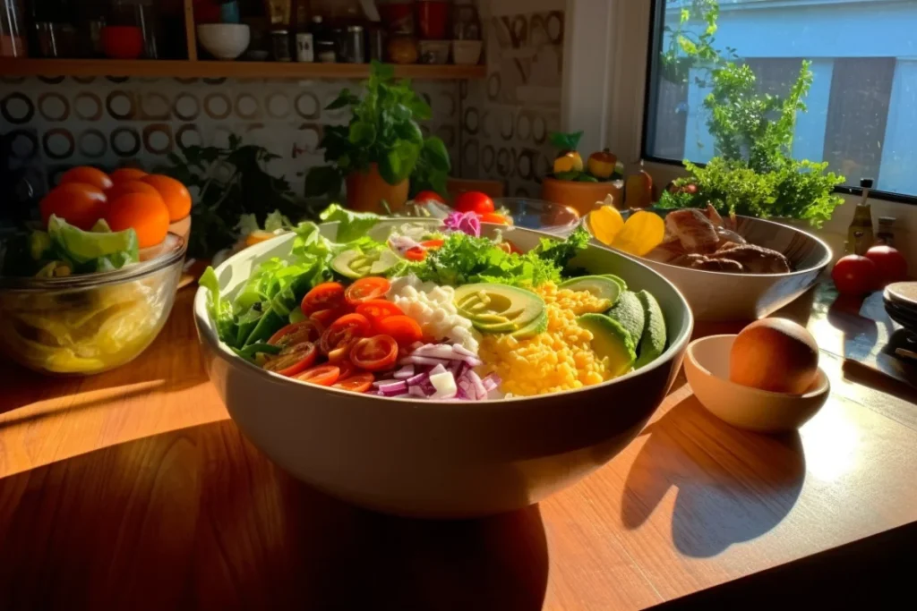 Freshly baked taco bowl on a mold with colorful ingredients in a vibrant kitchen setting.