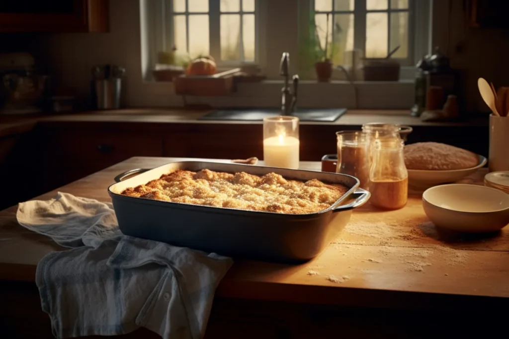 A freshly baked dump cake on a wooden table surrounded by baking ingredients in a cozy kitchen.