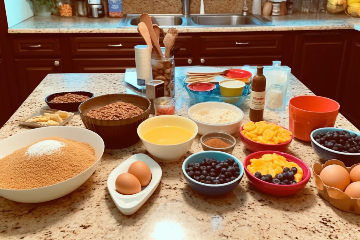 A golden-brown dump cake on a countertop surrounded by baking ingredients such as butter, cake mix, and fruit.