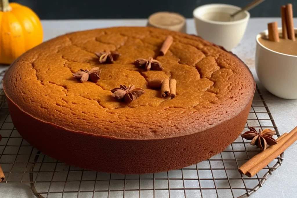 Freshly baked pumpkin cake cooling on a wire rack with pumpkin puree and spices nearby.