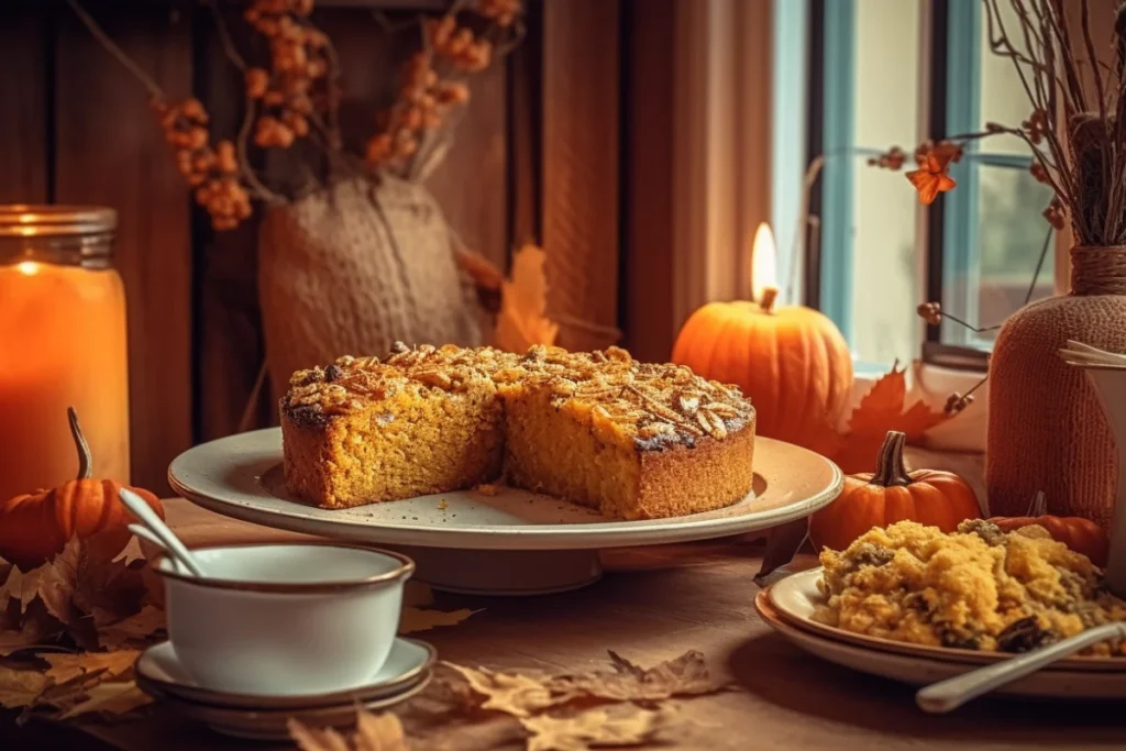 Freshly baked pumpkin dump cake with golden crust, served in a rustic kitchen with autumn decor.