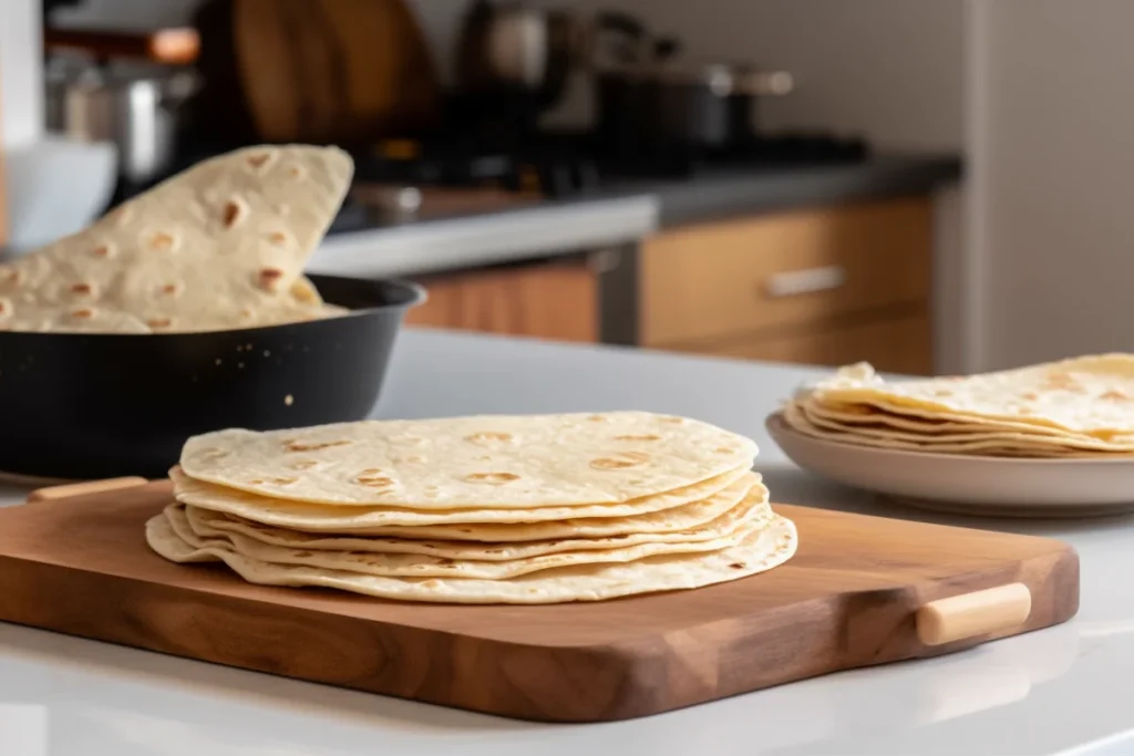 A stack of freshly shaped and cooked tortillas on a wooden board, with a skillet and tortilla warmer in the background.