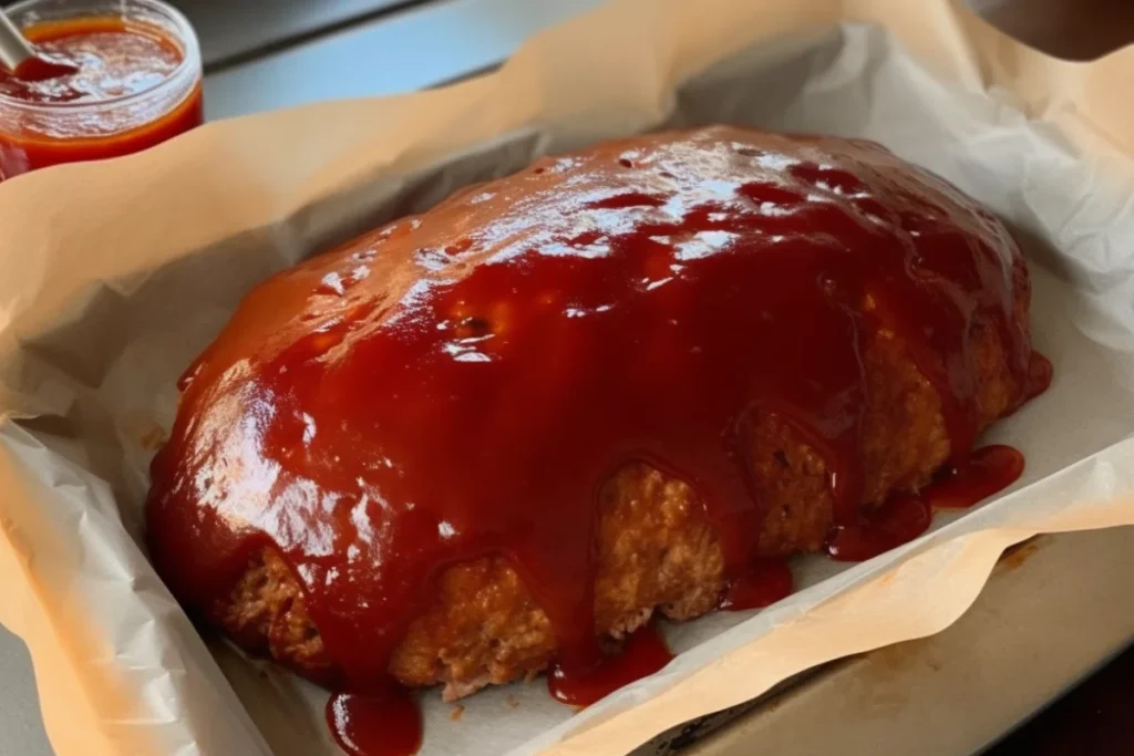 An uncooked meatloaf shaped in a baking dish with a brush applying a shiny ketchup glaze.