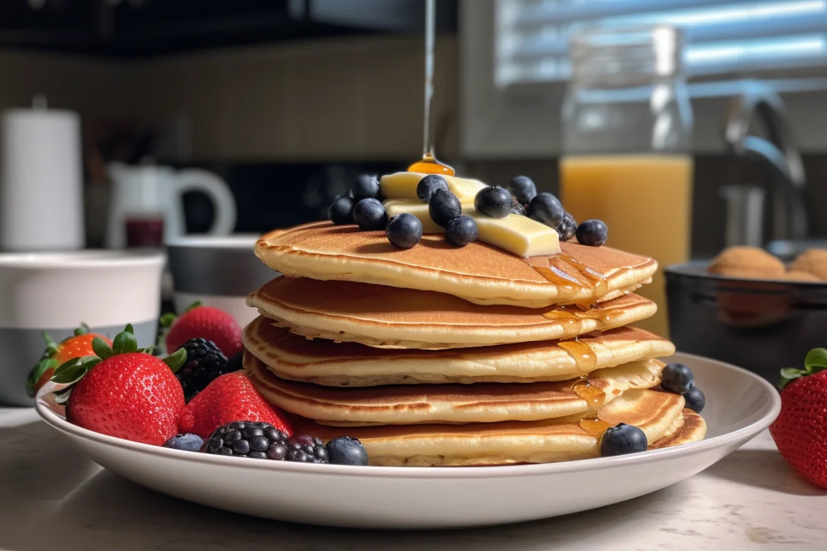 A stack of golden-brown pancakes with butter, syrup, and fresh fruits in a cozy kitchen setting.