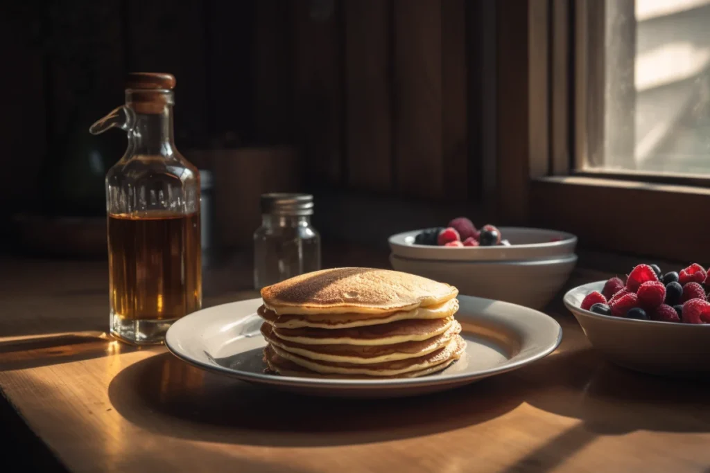 Golden-brown pancakes topped with syrup and fresh berries, accompanied by milk and water on a rustic breakfast table.