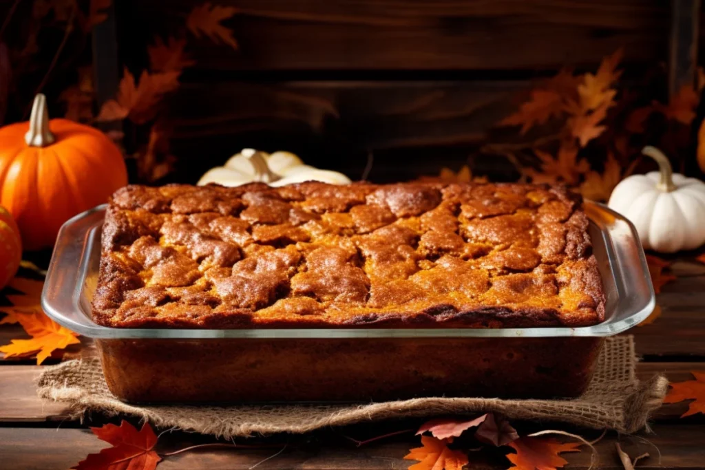 Golden pumpkin dump cake in a glass dish with whipped cream and caramel, surrounded by autumn decor on a wooden table.