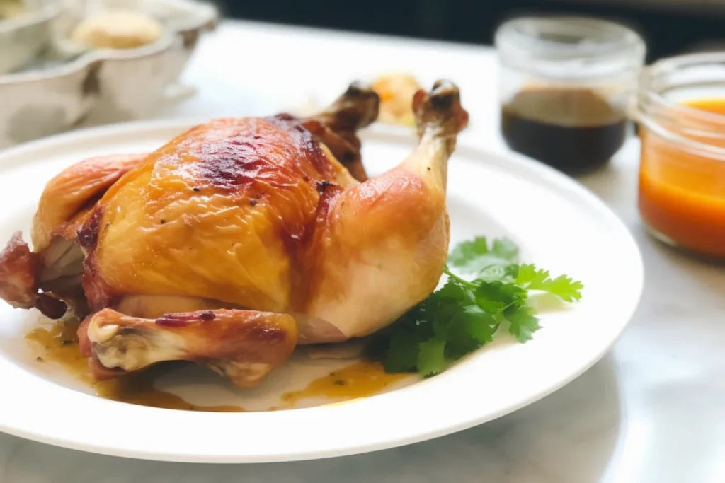 Sliced rotisserie chicken with crispy skin served on a plate.