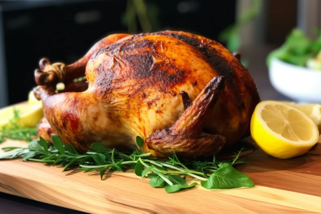 A whole rotisserie chicken with golden skin on a wooden cutting board, surrounded by fresh herbs and lemon slices.