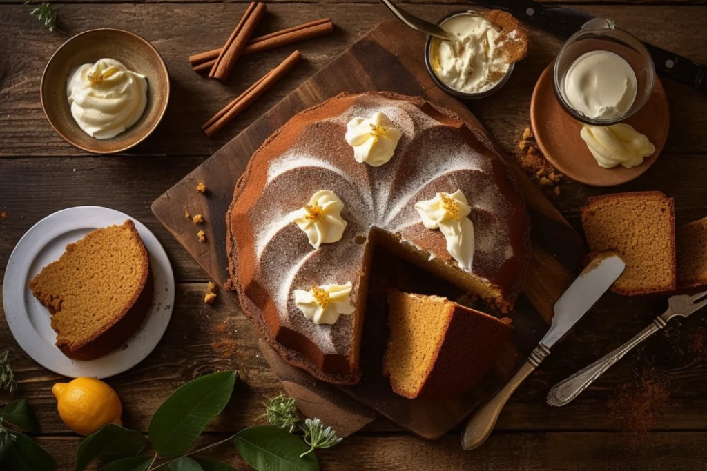 Moist sour cream cake with a slice cut out, surrounded by baking ingredients on a rustic wooden table.