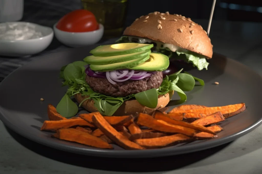 Gourmet bison burger with avocado, arugula, and sweet potato fries on a plate.