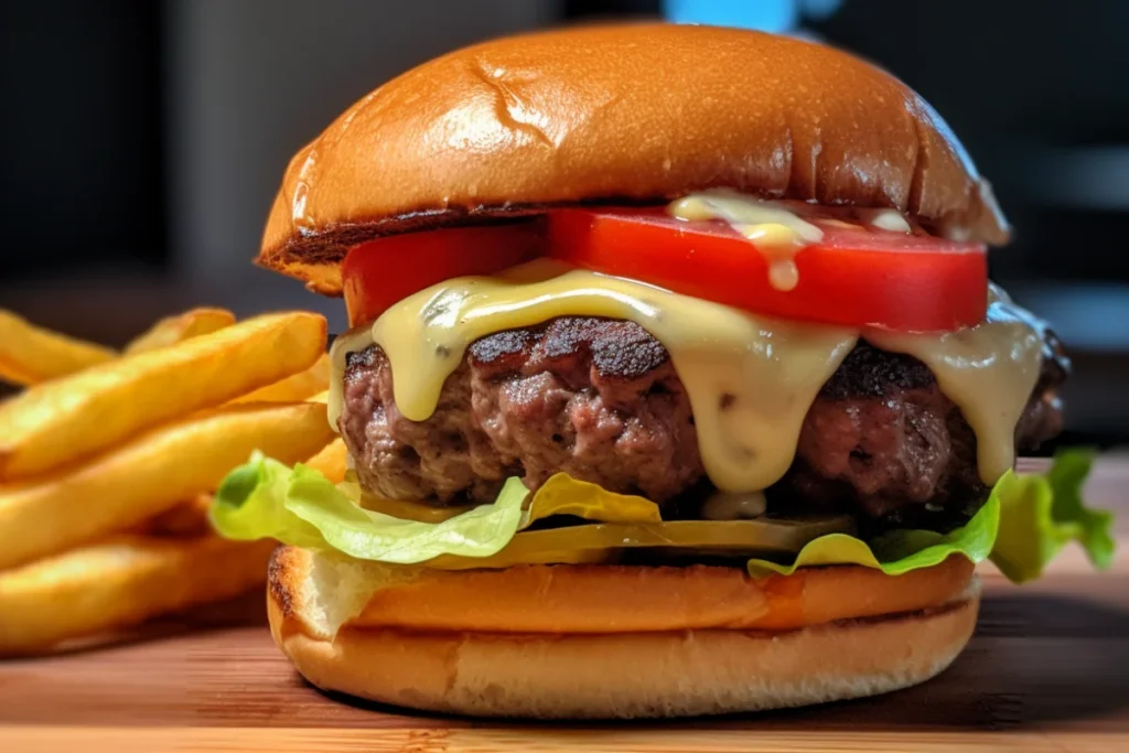 Juicy grilled bison burger on a brioche bun with fresh toppings and fries.