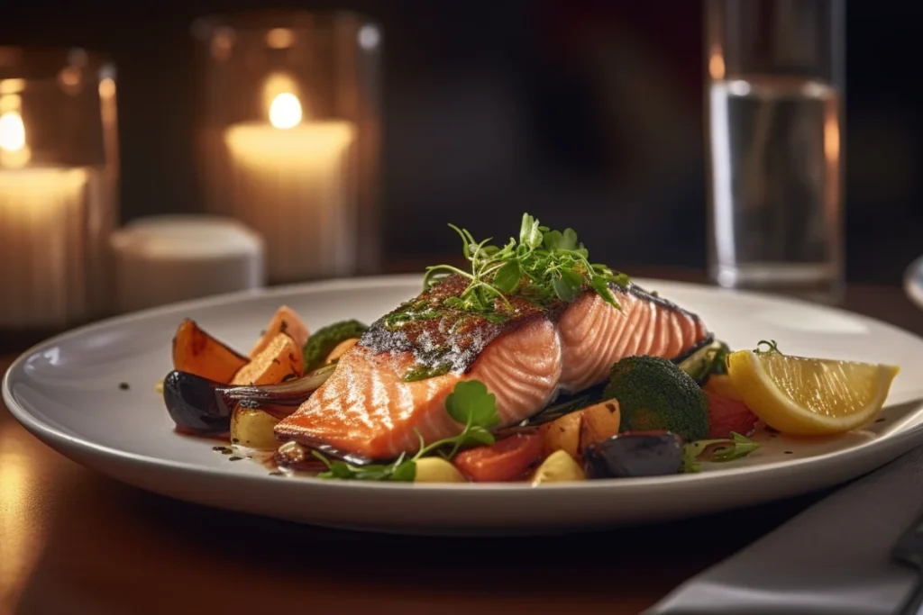 Grilled salmon dish served with roasted vegetables and a lemon wedge on a white plate.