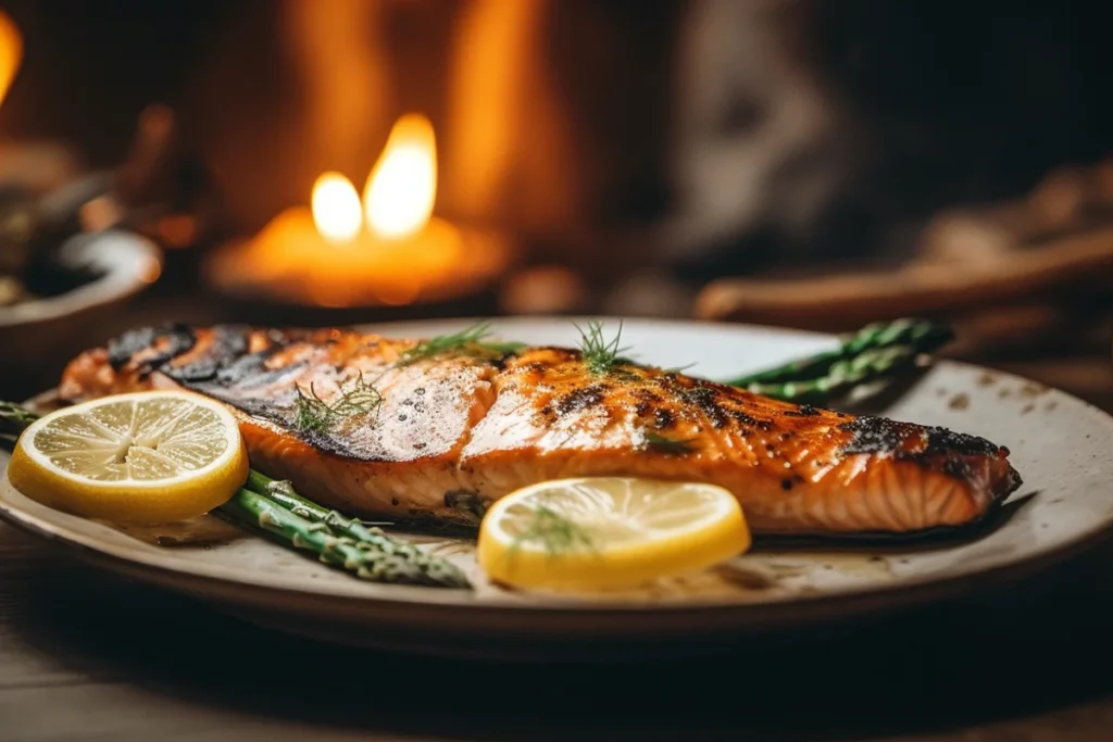 A plated meal of grilled steelhead trout with crispy skin, roasted asparagus, and lemon wedges on a rustic wooden table.