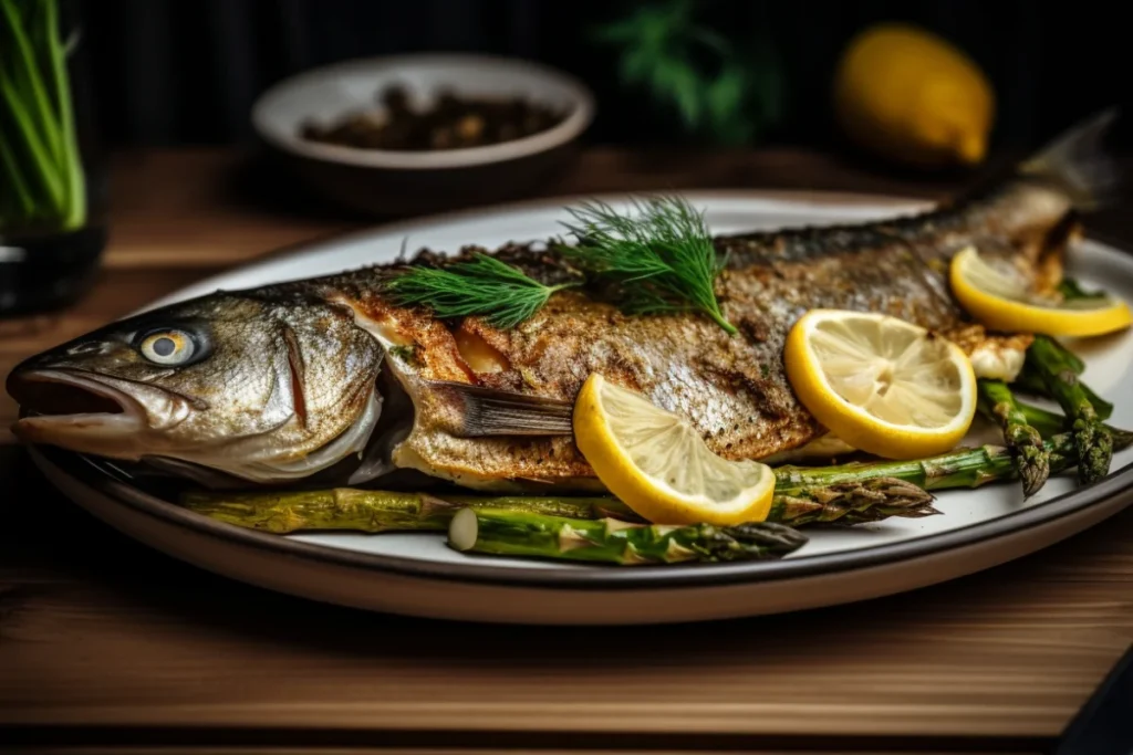 Grilled trout plated with lemon, dill, and asparagus on a rustic wooden table.