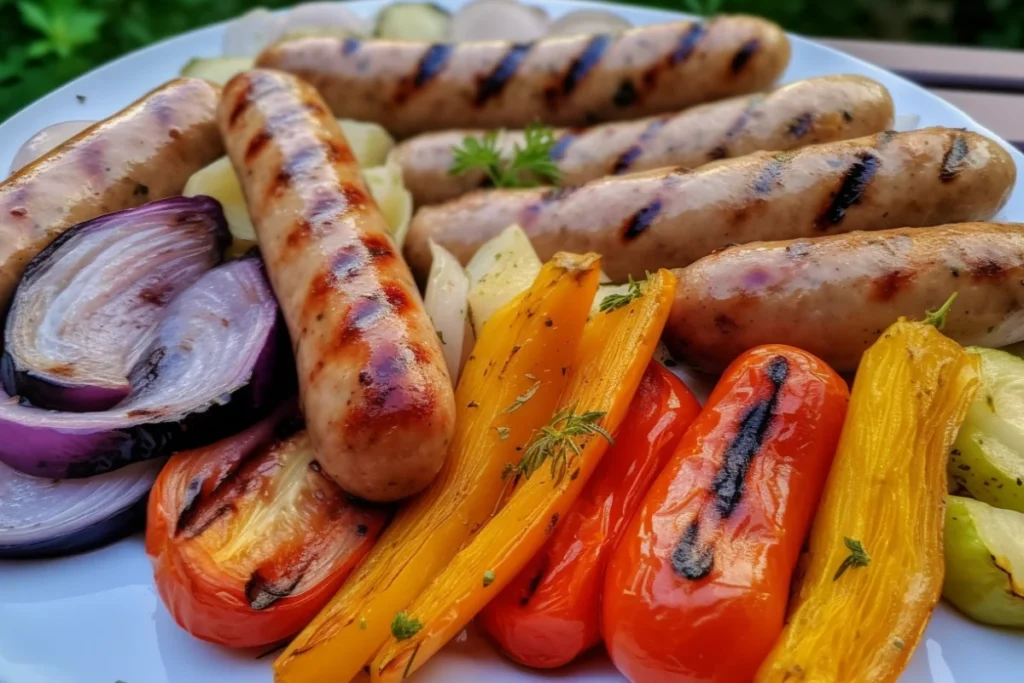 Grilled turkey sausages with charred grill marks, served with roasted vegetables in an outdoor barbecue setting.