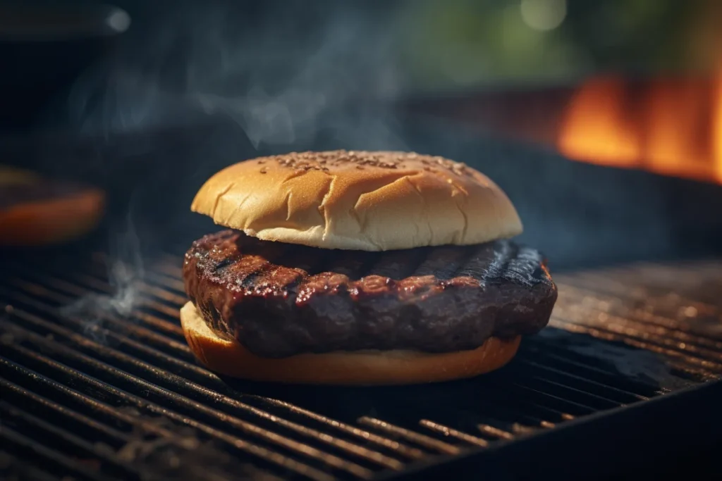 Grilling a bison patty with visible smoke and perfect grill marks