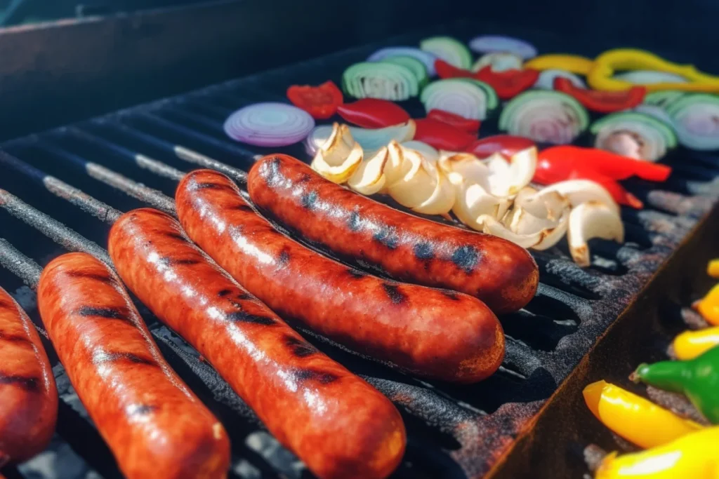 Turkey sausages grilling with vegetables on a sunny day.