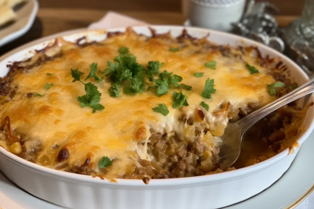 Golden ground beef and cabbage casserole in a ceramic dish with parsley garnish.