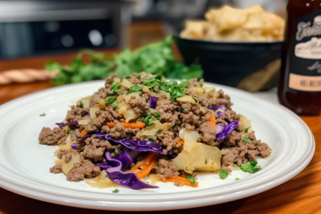 Ground beef and cabbage dish garnished with parsley, with vinegar and fresh cabbage in the background.