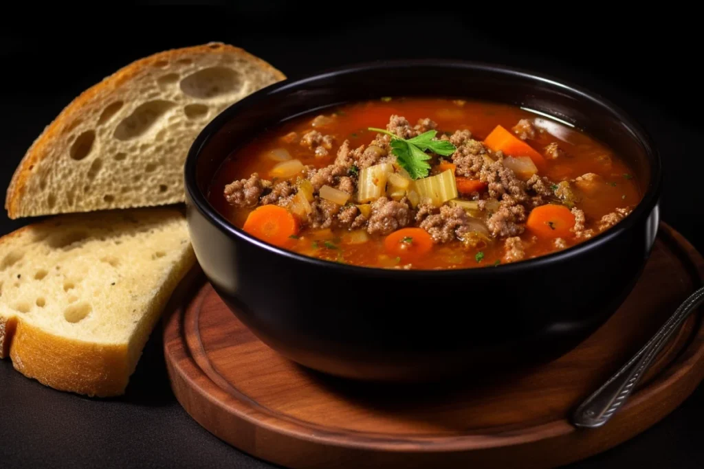 Steaming bowl of ground beef and cabbage soup with rustic bread on the side.