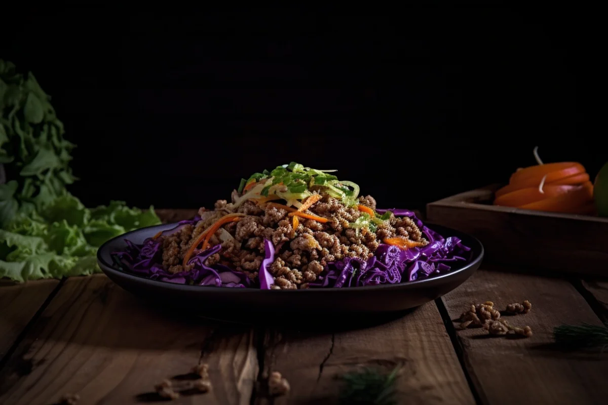 Rustic ground beef and cabbage stir-fry garnished with herbs in a warm kitchen setting.