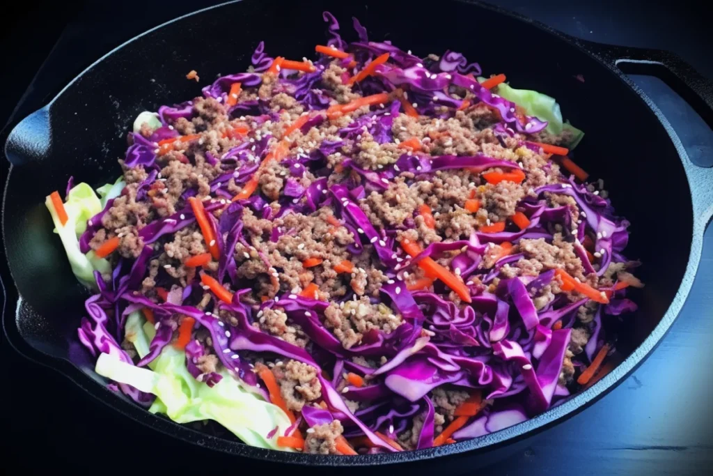 Skillet of ground beef and cabbage stir-fry with vibrant spices on a wooden countertop.