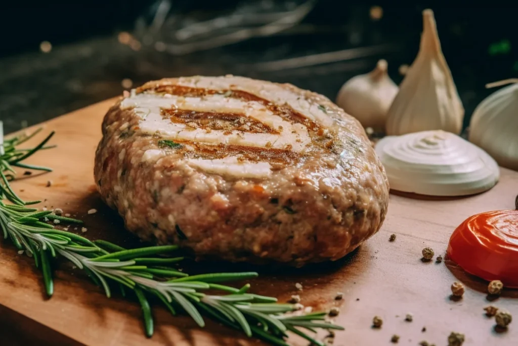 Close-up of turkey sausage and plain ground turkey with seasonings and raw ingredients in a modern kitchen setting