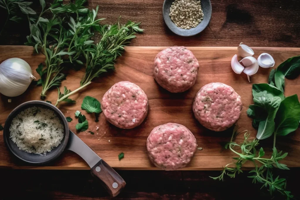 A comparison of ground turkey and turkey sausage on a rustic kitchen counter with fresh herbs and spices.