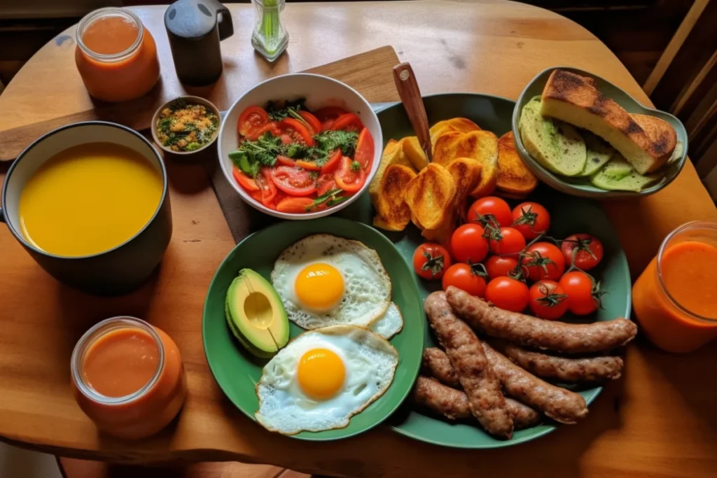 Healthy breakfast featuring turkey sausage, eggs, avocado, and vegetables on a rustic table.