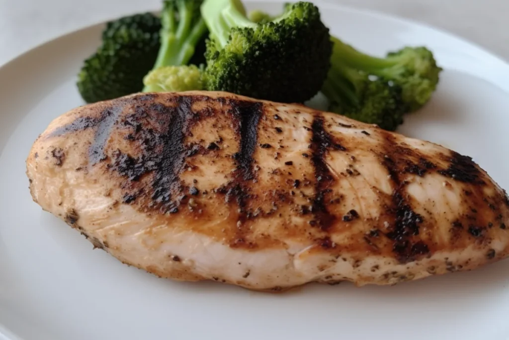 Grilled chicken breast with broccoli and quinoa on a white plate.