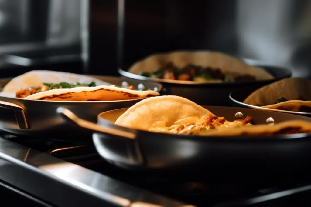 Soft tortilla taco bowls heating on a stovetop pan with browning edges and a spatula nearby.