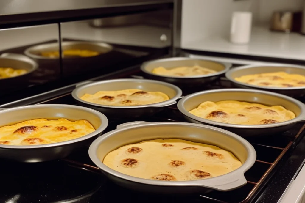 Tortilla bowls being heated on an oven tray in a modern kitchen.