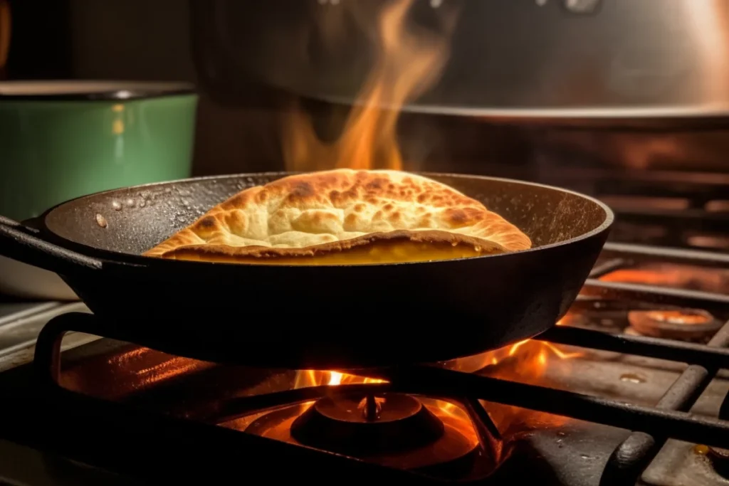 A tortilla bowl being heated on a skillet using tongs with steam rising.