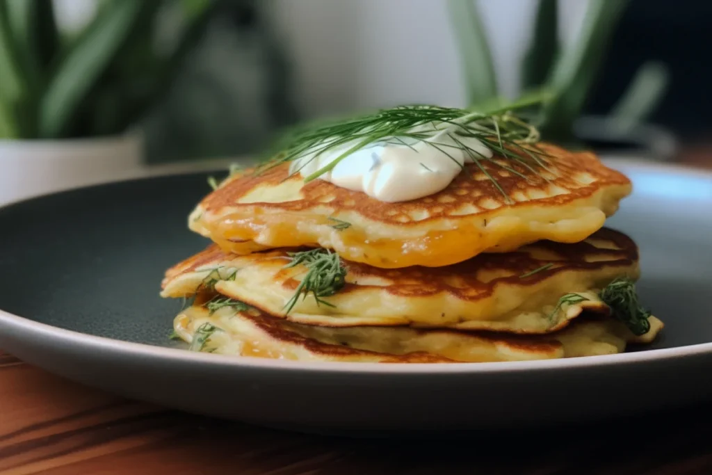 Savory herb-infused pancakes with chives, rosemary, and sour cream.