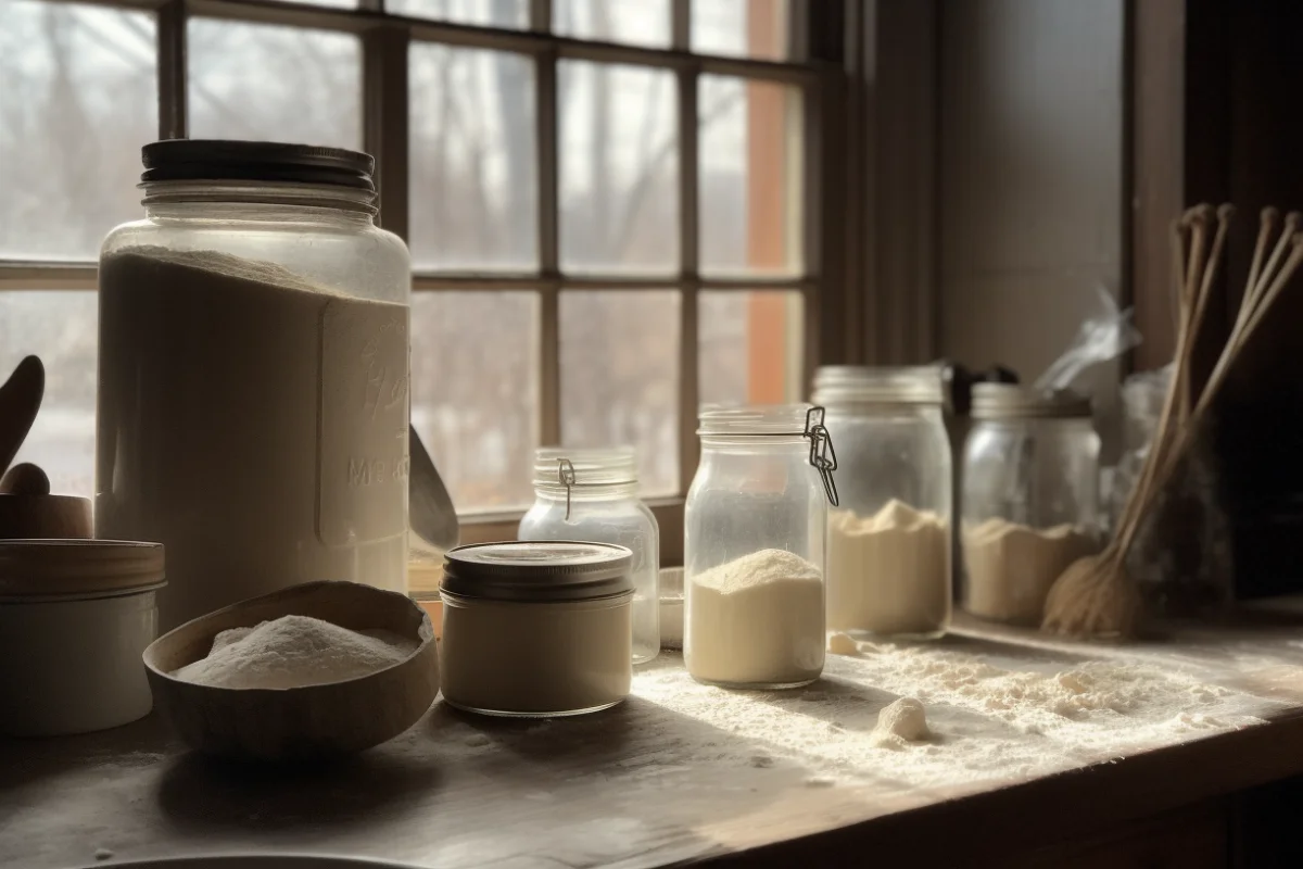 A jar of homemade hotcake mix in a rustic kitchen setting with baking tools and natural light.