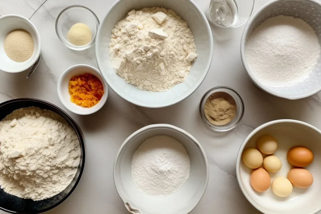 Flat lay of ingredients for hotcake mix, including flour, sugar, baking powder, and salt, ready for mixing.