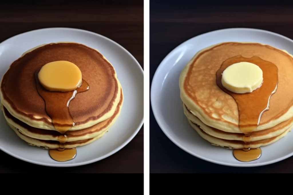 A side-by-side comparison of a thick, fluffy hotcake and a thin, airy pancake on individual plates.