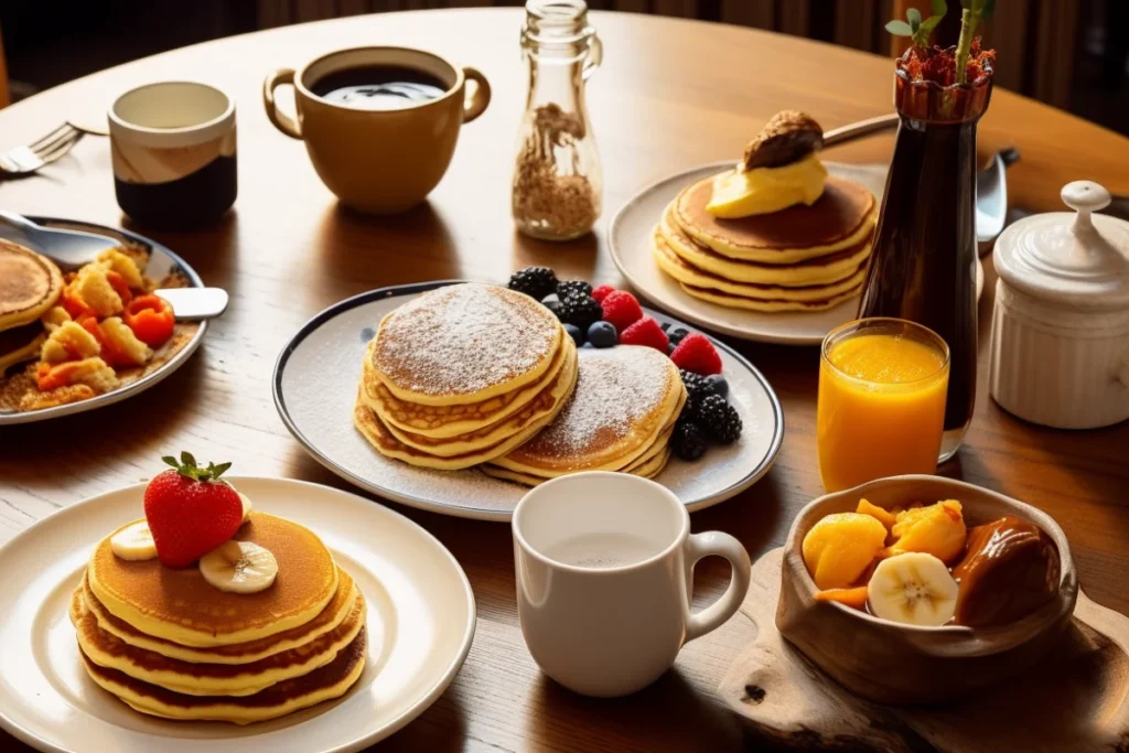 A breakfast table showcasing golden pancakes and thick hotcakes topped with butter and syrup, surrounded by coffee and fruits.