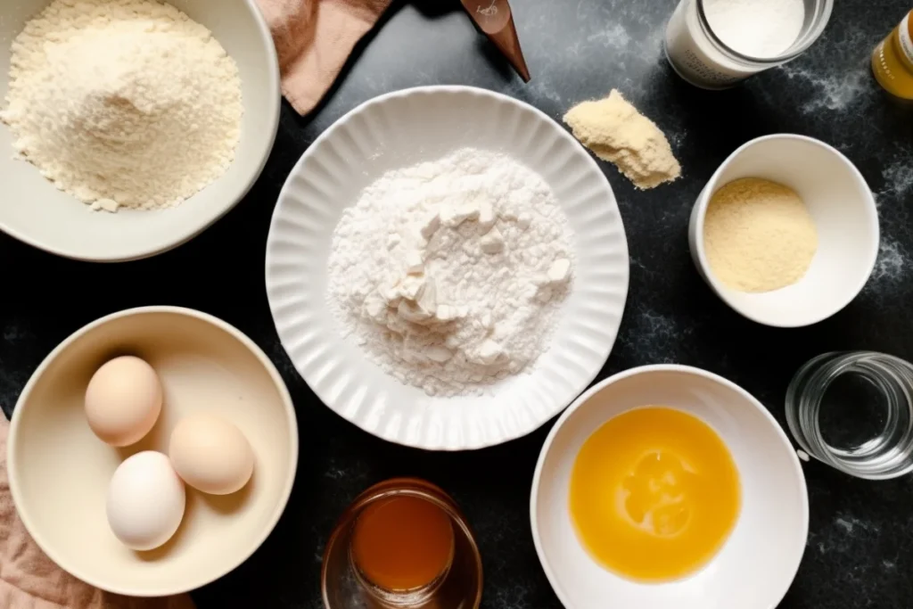 A flat-lay shot of hotcake mix ingredients and a plate of thick, fluffy hotcakes with butter and syrup.