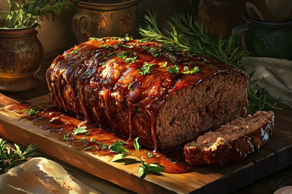 Perfectly cooked and sliced 2lb meatloaf on a wooden board, garnished with herbs.