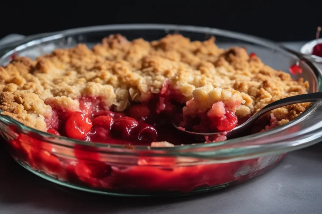 Close-up of cherry dump cake with juicy filling and a buttery crust in a glass dish.