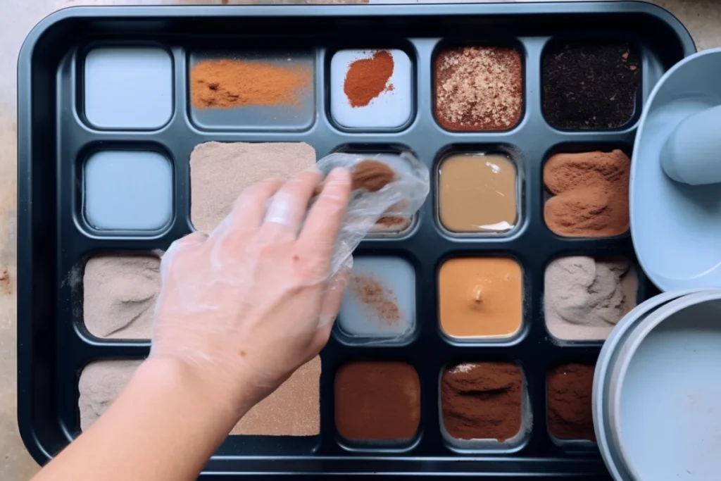 Top-down view of a baking pan with dry and wet ingredients being layered for a dump cake.