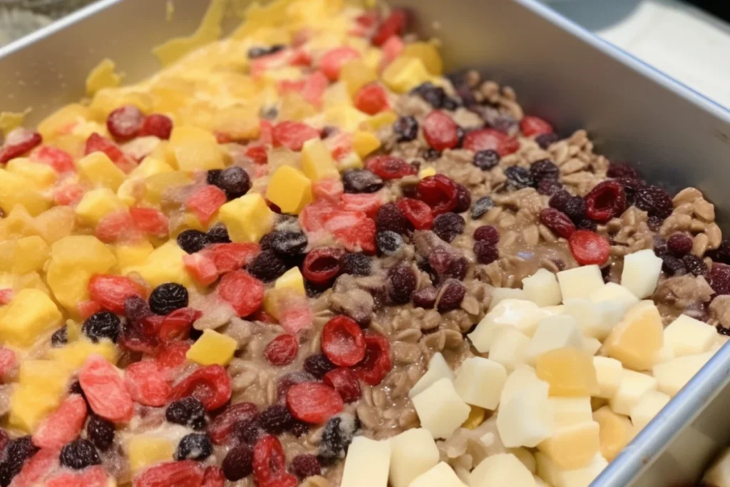 Close-up of a dump cake being assembled with layers of fruit, cake mix, and butter in a baking dish.