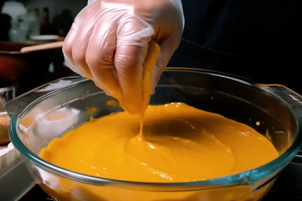 Hands preparing a pumpkin dump cake, layering pumpkin, sprinkling cake mix, and pouring melted butter into a glass dish