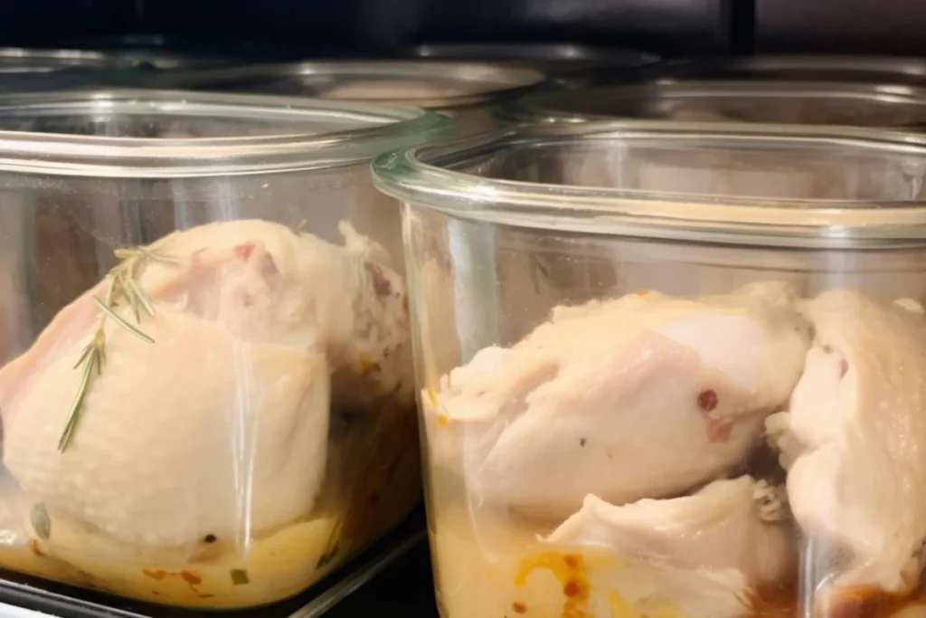 Cooked rotisserie chicken in a clear airtight container stored in a refrigerator with a visible temperature setting of 40°F.